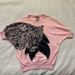 Vintage 1980s Great Directions Pink Leopard Glitter Sparkle Oversize Batwing Tee